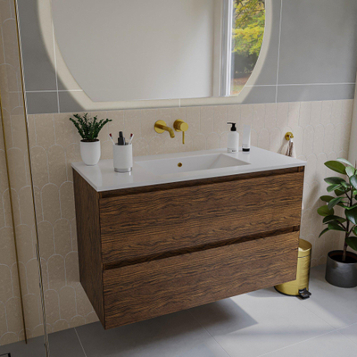 Saniclass Holz Pure Meuble de salle de bain - 100x45x60cm - lavabo en céramique blanc - 1 vasque - sans trous de robinet - 2 tiroirs - Walnut pure