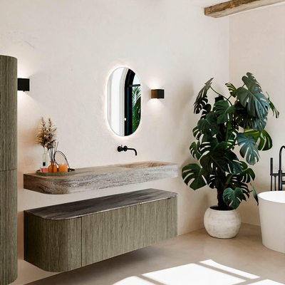 MONDIAZ THOR-DLUX 150cm meuble de salle de bains arrondi gauche + droite couleur Shadow avec 1 tiroir et 2 portes. Vasque suspendue CLOUD Droite sans trou de robinet couleur Oza.