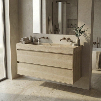 Forzalaqua Ibiza Ensemble meuble de salle de bains - 100x50x70cm - 2 tiroirs - lavabo en travertin - sans trou de robinet - jeu de supports - bouchon de vidage - Smoke