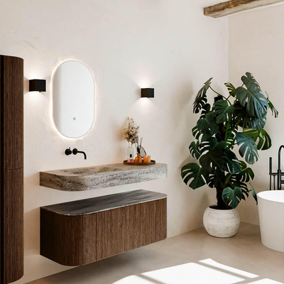 MONDIAZ THOR-DLUX Meuble de salle de bains - 120cm - arrondi gauche + droite - couleur Walnut - 1 tiroir et 2 portes - Vasque suspendue CLOUD Gauche sans trou de robinet couleur Oza