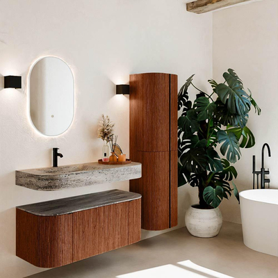 MONDIAZ THOR-DLUX 110cm meuble de salle de bains arrondi gauche + droite couleur Ruby avec 1 tiroir et 2 portes. Vasque suspendue CLOUD Gauche 1 trou de robinet couleur Oza.