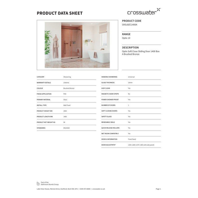 Crosswater Optix porte coulissante - mécanisme de fermeture doux - 140cm - Bronze brossé