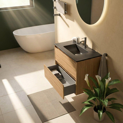 Saniclass Holz Pure Ensemble meuble de salle de bains - 80x45x62cm - lavabo Vygo en céramique noir - 1 vasque - 1 trou de robinetterie - 2 tiroirs - chêne naturel mat (bois)