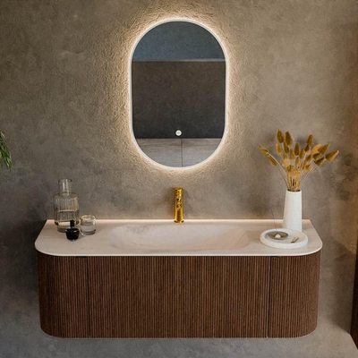 MONDIAZ KURVE-DLUX 130cm badmeubel ronding Links + Rechts kleur Walnut met 1 lade en 2 deuren. Wastafel BIG SMALL Midden 1 kraangat Meli.