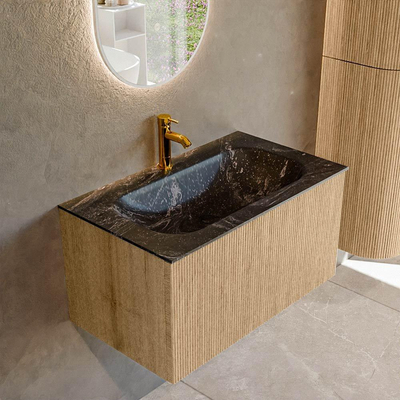 MONDIAZ KURVE-DLUX 80cm badmeubel kleur Oak met 1 lade. Wastafel BIG SMALL midden 1 kraangat kleur Lava.