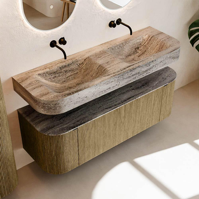 MONDIAZ THOR-DLUX Meuble de salle de bains - 140cm - arrondi gauche + droite - couleur Dusk - 1 tiroir et 2 portes - Vasque suspendue CLOUD Double sans trou de robinet - couleur Oza