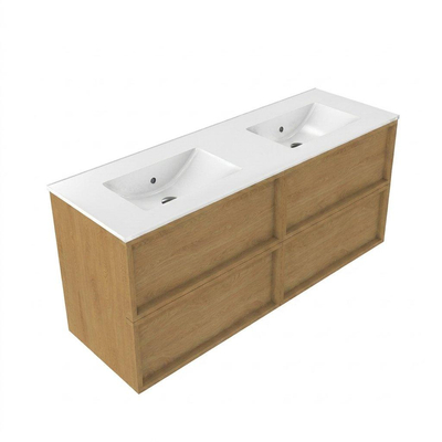 Saniclass Holz Frame Ensemble de meubles de salle de bains - 140x45x62cm - lavabo Vygo en céramique blanc - 2 vasques - sans trous de robinet - 4 tiroirs - chêne naturel brillant (bois)