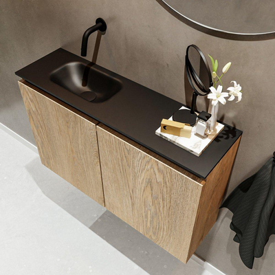 MONDIAZ TURE Fonteinset - 80x23x50cm - 0 kraangaten - 2 deuren - washed oak mat - Wasbak links - Solid Surface Zwart