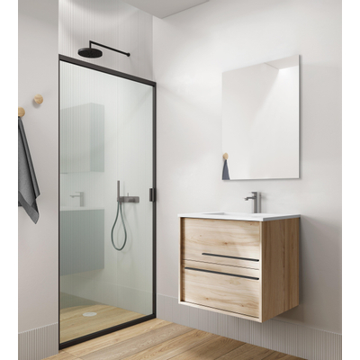 Saniclass Prime Essential Meuble de salle de bain - 60x55x46cm - 1 vasque ovale blanc - 1 trou de robinet - 2 tiroirs - miroir rectangulaire - chêne clair