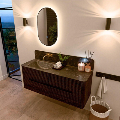 Mondiaz CIRO-DLUX Meuble de salle de bains - 130x45x50cm - Plan vasque solid surface Lava - 1 cuve à gauche - sans trous de robinetterie - 4 tiroirs - Noyer