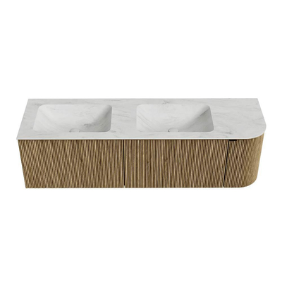 Mondiaz KURVE-DLUX Ensemble de meuble de salle de bains - 155x46x40cm - 2 tiroirs - 1 porte - vasque solid surface - double / gauche - 2 trous de robinet - Dusk