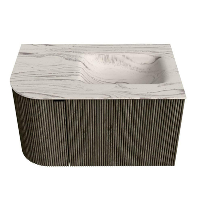 MONDIAZ KURVE-DLUX meuble de salle de bains 75 cm courbe à gauche couleur Shadow avec 1 tiroir et 1 porte. Lavabo GRUNNE à droite 1 trou de robinet Nata.