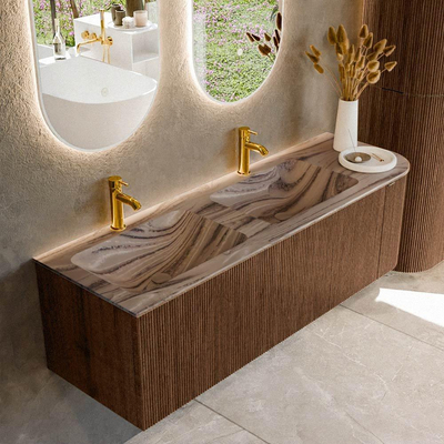MONDIAZ KURVE-DLUX 145cm badmeubel ronding Rechts kleur Walnut met 1 lade en 1 deur. Wastafel LEAF Dubbel / Links 2 kraangaten Sombra.