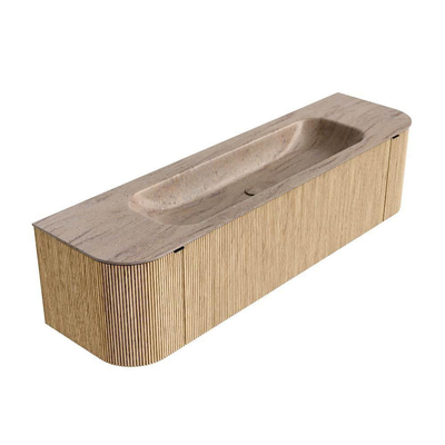 MONDIAZ KURVE-DLUX 170cm badmeubel ronding Links + Rechts kleur Oak met 1 lade en 2 deuren. Wastafel BIG LARGE Midden 1 kraangat Saba.