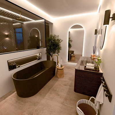Mondiaz CIRO-DLUX Badkamermeubelset - 120x45x50cm - Solid surface wastafel Sombra - 1 wasbak Rechts - zonder kraangaten - 2 lades - Walnut