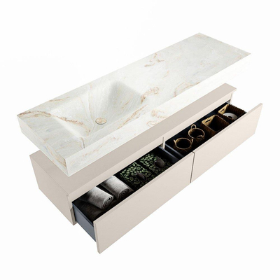 Mondiaz ALAN-DLUX Ensemble de meuble - 150cm - meuble Linen mat - 2 tiroirs - Lavabo Cloud Frappe suspendu - vasque Gauche - 0 trous de robinet