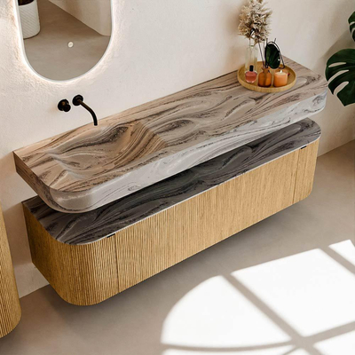 MONDIAZ THOR-DLUX 170cm badmeubel ronding links + rechts kleur Oak met 1 lade en 2 deuren. Vrijhangende wastafel CLOUD Links zonder kraangat kleur Sombra.