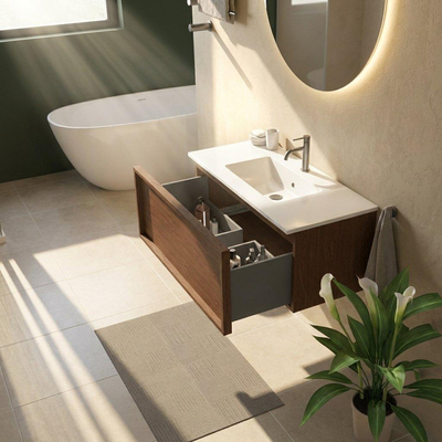 Saniclass Holz Frame Ensemble meuble de salle de bains - 100x45x42cm - Vasque Vygo en céramique blanche - 1 vasque - 1 trou de robinetterie - 1 tiroir - noyer pure mat (bois)