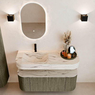 MONDIAZ THOR-DLUX 120cm meuble de salle de bains arrondi gauche + droite couleur Shadow avec 1 tiroir et 2 portes. Vasque suspendue CLOUD Gauche 1 trou de robinet couleur Nata.