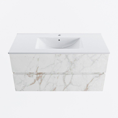 Mondiaz VICA Ensemble de meuble de salle de bain - 100cm - meuble sous-vasque carrara - 2 tiroirs - lavabo denia milieu - 1 trou de robinet - version haute de 60cm - blanc brillant