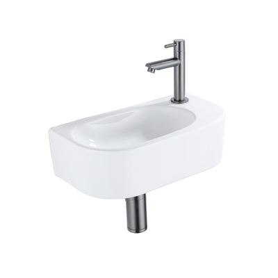Fugaflow Efficiente Pietra Ensemble de fontaine - 40x21.5x12cm - droite - lisse - demi-rond - 1 trou de robinet - céramique - robinet de fontaine gunmetal - bonde d’évacuation - siphon déporté - blanc brillant