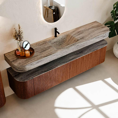 MONDIAZ THOR-DLUX 200cm meuble de salle de bains arrondi gauche + droite couleur Ruby avec 2 tiroirs et 2 portes. Vasque suspendue CLOUD Milieu 1 trou de robinet couleur Oza.