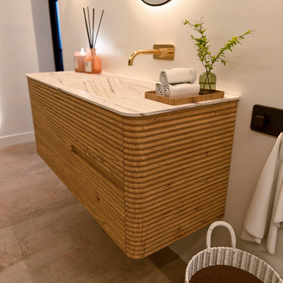 Mondiaz CIRO-DLUX Ensemble de meubles de salle de bains - 120x45x50cm - lavabo en solid surface Nata - 1 vasque à droite - sans trous de robinet - 2 tiroirs - Chêne