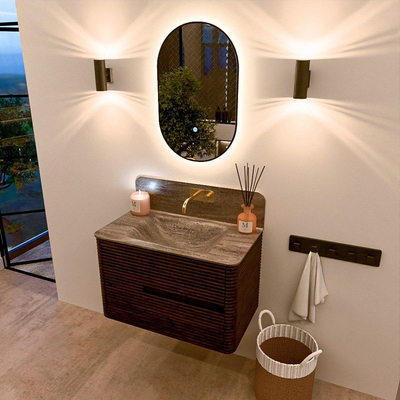Mondiaz CIRO-DLUX Ensemble de meubles de salle de bains - 80x45x50cm - lavabo solid surface Oza - 1 vasque au milieu - sans trous de robinet - 2 tiroirs - Noyer