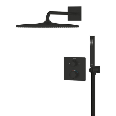Grohe Precision Thermostat Perfect Doucheset - hoofddouche vierkant - staafhanddouche - inclusief wandaansluitbocht - matte black (mat zwart)