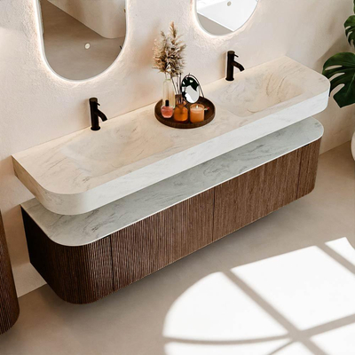 MONDIAZ THOR-DLUX 180cm meuble de salle de bains arrondi gauche + droite couleur Walnut avec 2 tiroirs et 2 portes. Vasque suspendue CLOUD Double 2 trous de robinet couleur Opalo.