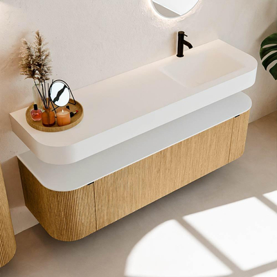 MONDIAZ THOR 160cm meuble de salle de bains arrondi gauche + droite couleur Chêne avec 1 tiroir et 2 portes. Vasque suspendue CLOUD Droite 1 trou de robinet couleur Talc.