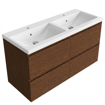 Saniclass Holz Pure Ensemble de meubles de salle de bains - 120x45x63.5cm - Lavabo en céramique Bari blanc - 2 vasques - 2 trous de robinetterie - 4 tiroirs - walnut pure mat (bois)