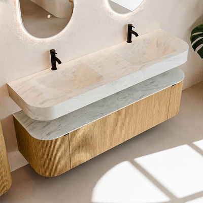 MONDIAZ THOR-DLUX 160cm meuble de salle de bains arrondi gauche + droite couleur Oak avec 1 tiroir et 2 portes. Vasque suspendue CLOUD Double 2 trous de robinet couleur Opalo.