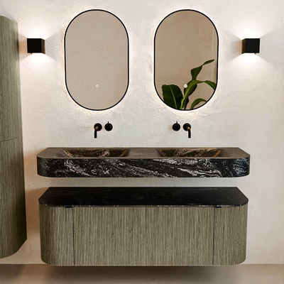 MONDIAZ THOR-DLUX 140cm meuble de salle de bains arrondi gauche + droite couleur Shadow avec 1 tiroir et 2 portes. Vasque suspendue CLOUD Double sans trou de robinet couleur Lava.