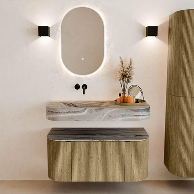 MONDIAZ THOR-DLUX 100cm meuble de salle de bains arrondi gauche + droite couleur Dusk avec 1 tiroir et 2 portes. Vasque suspendue CLOUD Gauche sans trou de robinet couleur Sombra.