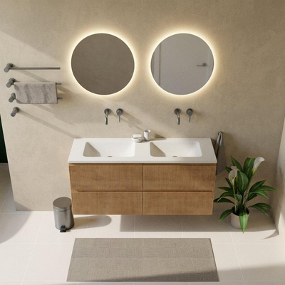 Saniclass Holz Atelier Ensemble de meubles de salle de bains - 140x45x77.5cm - lavabo Torino en solid surface blanc - sans trou de robinetterie - 4 tiroirs - chêne natural mat (bois)