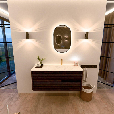 Mondiaz CIRO-DLUX Ensemble de meubles de salle de bains - 120x45x50cm - Vasque en solid surface Opalo - 1 lavabo à droite - 1 trou de robinet - 2 tiroirs - Noyer