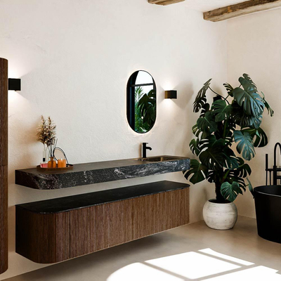 MONDIAZ THOR-DLUX 190cm badmeubel ronding links + rechts kleur Walnut met 2 lades en 2 deuren. Vrijhangende wastafel CLOUD Rechts 1 kraangat kleur Lava.