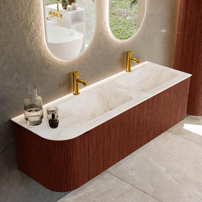Mondiaz KURVE-DLUX Badkamermeubelset - 145x46x40cm - 1 lade - 1 deur - wastafel solid surface - dubbel / rechts - 2 kraangaten - Ruby