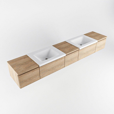 MONDIAZ BUKLA 240cm badmeubel met module 40 kleur Washed Oak met 5 lades. Wastafel CLOUD dubbel 0 kraangaten kleur Talc.