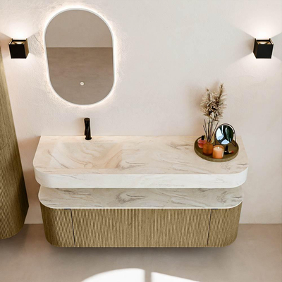 MONDIAZ THOR-DLUX 150cm meuble de salle de bains arrondi gauche + droite couleur Dusk avec 1 tiroir et 2 portes. Vasque suspendue CLOUD Gauche 1 trou de robinet couleur Ostra.