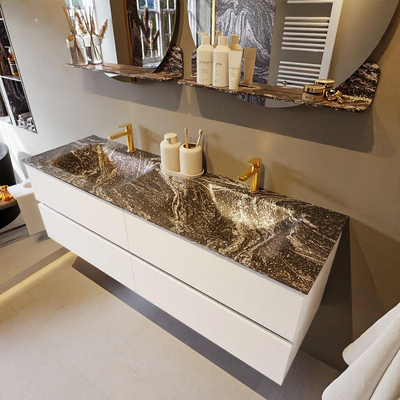 Mondiaz VICA-DLUX Ensemble meuble de salle de bains - 150cm - talc - 4 tiroirs - Lavabo encastré CLOUD - double 2 trous de robinet - couleur Lava - Version XL 60cm de hauteur