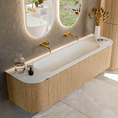 MONDIAZ KURVE 170cm badmeubel met module 25 Len R kleur Oak met 1 lade en 2 deuren. Wastafel BIG LARGE midden zonder kraangat Talc.