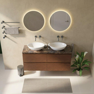Saniclass Holz Pure Ensemble meuble de salle de bains - 140x45x63cm - Plan de travail en pierre naturelle Noche dark emperador - sans trou de robinet - 4 tiroirs - walnut pure mat (bois)