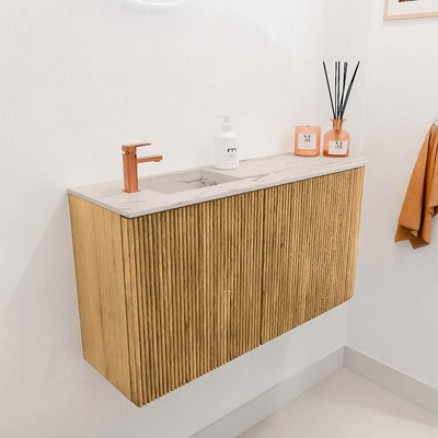 Mondiaz JOYA-DLUX 81.6cm toiletmeubel - ronding rechts kleur Oak - Wastafel FAYE positie Links 1 kraangat kleur Nata.