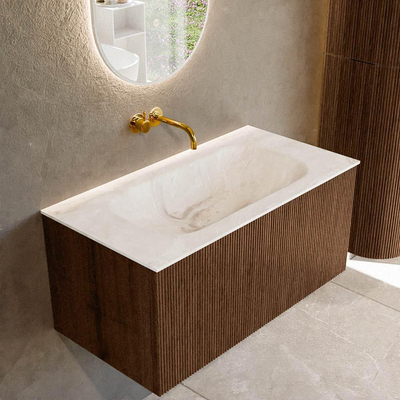 MONDIAZ KURVE-DLUX 90cm badmeubel kleur Walnut met 1 lade. Wastafel BIG SMALL midden zonder kraangat kleur Frappe.