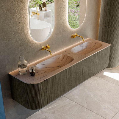 MONDIAZ KURVE-DLUX 175cm meuble de salle de bains avec arrondi à gauche couleur Shadow avec 2 tiroirs et 1 porte. Plan-vasque STOR SMALL Double / Droite sans trou de robinet Arena.