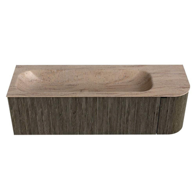 MONDIAZ KURVE-DLUX Meuble de salle de bains 145cm arrondi à droite couleur Shadow avec 1 tiroir et 1 porte. Vasque BIG LARGE à gauche sans trou de robinet Saba.