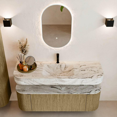 MONDIAZ THOR-DLUX 140cm meuble de salle de bains arrondi gauche + droite couleur Dusk avec 1 tiroir et 2 portes. Vasque suspendue CLOUD Milieu 1 trou de robinet couleur Glace.