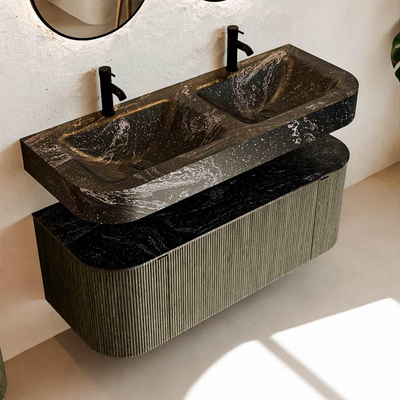 MONDIAZ THOR-DLUX 120cm meuble de salle de bains arrondi gauche + droite couleur Shadow avec 1 tiroir et 2 portes. Vasque suspendue CLOUD Double 2 trous de robinet couleur Lava.